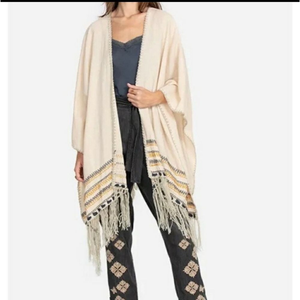 Johnny Was Aro Linen/Cotton Fringed Poncho/Wrap - Picture 2 of 11
